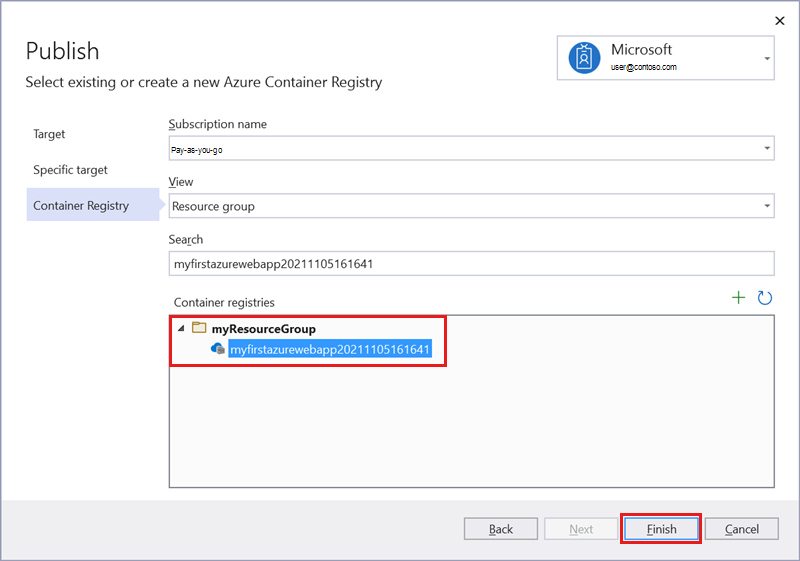 Screenshot of the Select existing Azure Container Registry screen.